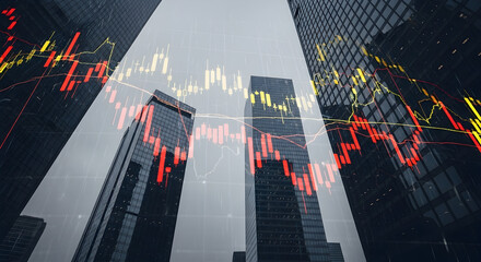 Dynamic Stock Market Trends Visualized Against Urban Skyscrapers Illustrating The Impact of Data Analytics on Financial Performance