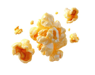 Popcorn kernels scattered in the air.  Golden,  slightly  translucent  popcorn  with  light  orange  edges,  against  a  black  background.  Focus  on  texture,  shape,  and  light