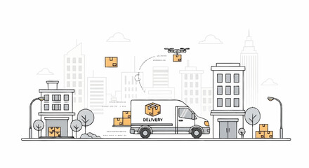 Modern delivery service with drone and van in city, promising fast shipping and logistics solutions for e-commerce and business, streamline your distribution