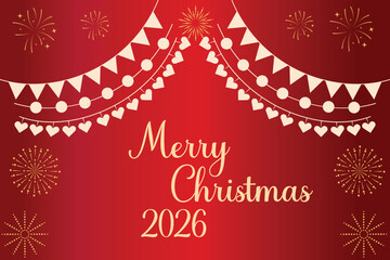 Merry Christmas 2026 texted with red background. Merry Christmas Poster or banner, card festive on red background. Christmas celebration concept. Vector illustration.
