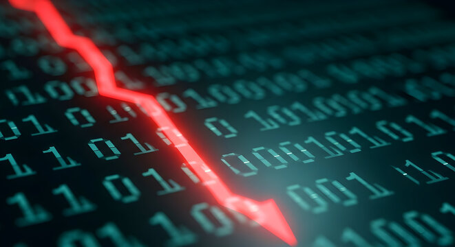 Dramatic Decline In Financial Data Visualization: Abstract Representation Of Falling Trends And Market Analytics In Digital Binary Code