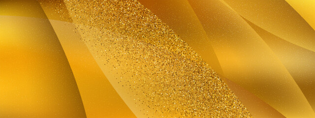 Gold background with diagonal shine bands and glitter particles. Yellow luxury abstract texture featuring scattered sparkles and luminous specks. Vector gradient pattern with smooth transitions.
