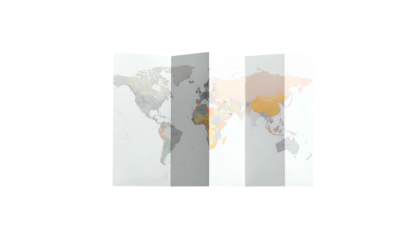 World map, divided into 4 vertical segments, on black background