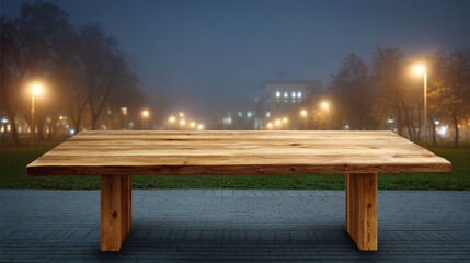 Obraz premium Empty wooden table outdoors at night in a park with illuminated pathways and trees under dark sky for casual, outdoor, and evening dining or display