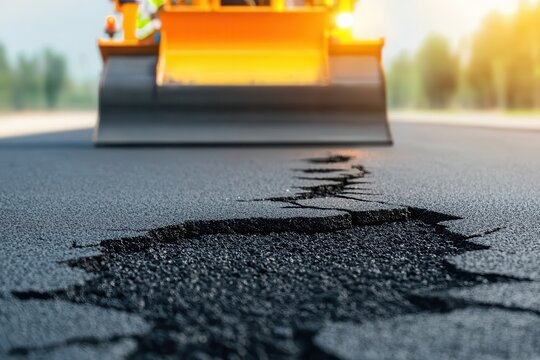 A close-up of a road roller on cracked asphalt, highlighting the need for road repair and maintenance in urban development.
