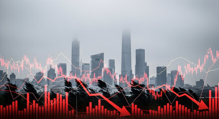 A Dramatic City Skyline Seemingly Surrounded by Financial Analytics and Market Trends with Red Graphs Reflecting Economic Fluctuations in the Fog