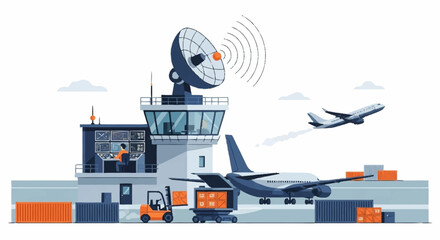 Dynamic logistics hub featuring cargo planes, control tower, and shipping containers for global trade and delivery services, showcasing efficient air transport