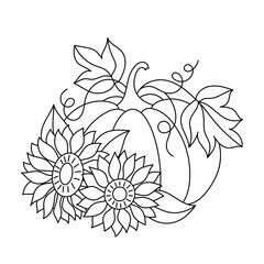 Pumpkin and sunflowers. Outline drawing. Hand-drawn coloring page.