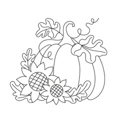 Pumpkin and sunflowers. Outline drawing. Hand-drawn coloring page.