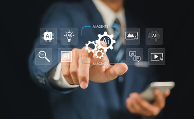 Business interacts with a virtual interface displaying AI agents and futuristic technology icons, representing artificial intelligence innovation and digital transformation.