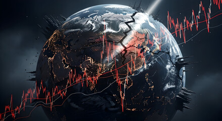 Dramatic Visualization of Earth Surrounded by Financial Data Trends and Market Analytics Representing Global Economic Dynamics and Future Growth