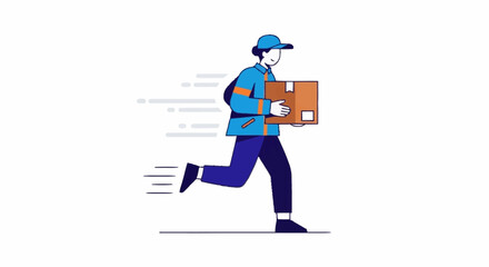 Dynamic illustration of speedy delivery service featuring running courier holding parcel promising fast reliable shipping for e-commerce businesses today