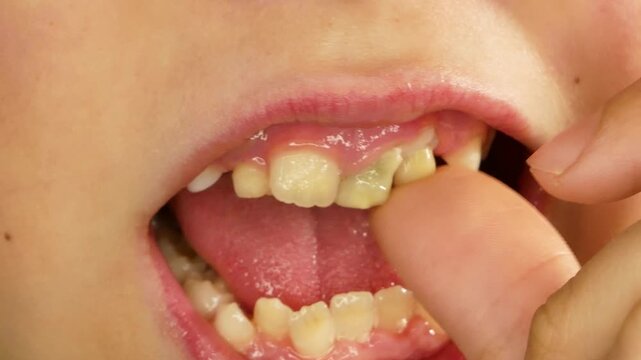 A child shakes a loose milk tooth with a finger. The moment before a baby tooth falls out and is replaced by a permanent one. Concept of pediatric dentistry and children's dental care