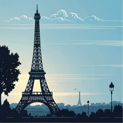 The eiffel tower silhouetted against a blue sky illustration with clouds