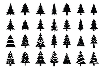  X-mas  tree icon. Holiday design elements set.  Pine icon, sign symbol, fir tree silhouettes. Vector illustration.