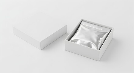 White opened rectangular product box mockup revealing a silver foil pouch inside, ideal for branding and packaging presentations.