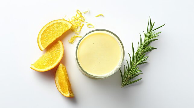 A refreshing citrus smoothie flat lay with orange slices lemon zest and a sprig of rosemary on white ceramic - Powered by Adobe