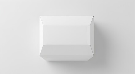 Top-down view of a closed blank white takeout food box mockup on a clean minimalist studio background for fast food branding.