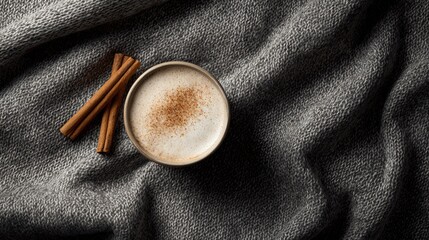 A cozy flat lay with a latte cinnamon sticks and a wool blanket evoking winter coffee culture vibes