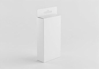 Blank white retail packaging box mockup with hang tab, isolated on a clean minimalist studio background for product display.