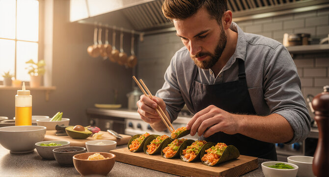 Chef preparing delicious tacos with fresh ingredients in a modern kitchen, perfect for culinary blogs and food-related projects, tasty and vibrant