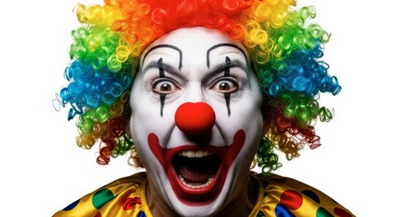 Close up of a scary clown face with bright rainbow wig and dramatic makeup