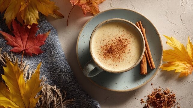 A festive flat lay with spice latte cinnamon and fall leaves seasonal coffee culture warmth - Powered by Adobe