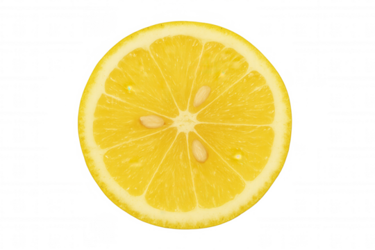 Bright lemon slice, highlighting the refreshing pulp and seeds. Fresh citrus fruit for healthy eating and beverages