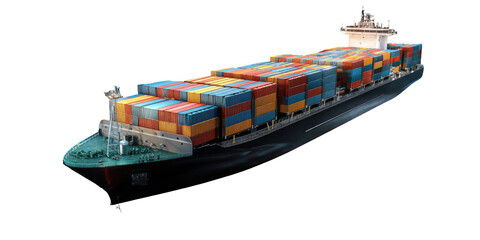 3D rendering of a large cargo ship laden with colorful containers