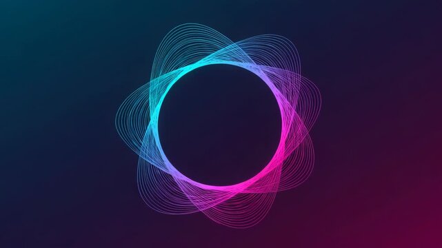 Abstract glowing neon circle with swirling lines on dark background