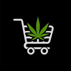 Plakat Shopping cart with marijuana or cannabis leaf icon isolated on black background