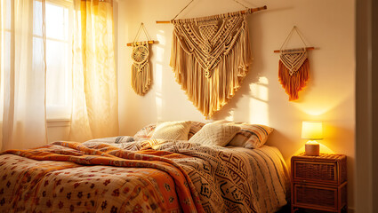 Bohemian Bedroom with Macrame Wall Hangings and Sunlight 4d05 isolated on a transparent background