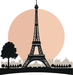 Silhouette of the eiffel tower on a sunset backdrop with parisian skyline elements