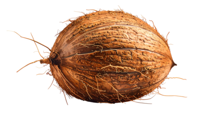 Textured coconut with hairy husk, on isolated black background