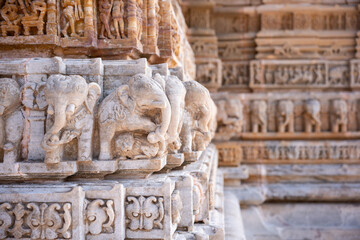 focsed Ancient Limestone Elephant Carving at Shamlaji Hindu Temple, Modasa, Gujarat, India