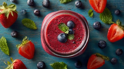 Flat lay of a vibrant berry smoothie in a mason jar surrounded by fresh strawberries blueberries and mint leaves