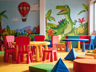 Children's Playroom With Dinosaur Mural And Colorful Furniture 4d10 image isolated on a transparent background