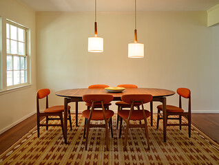 Mid Century Modern Dining Room With Oval Table And Orange Chairs 75950d21aea4 b8a9 isolated on a transparent background