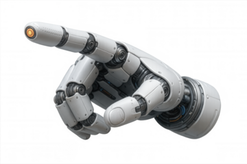 Robotic hand pointing finger, artificial intelligence and cybernetic technology, future innovation, transparent background