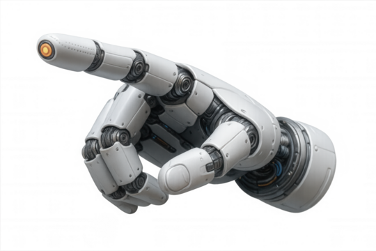 Robotic hand pointing finger, artificial intelligence and cybernetic technology, future innovation, transparent background