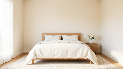 Minimalist Bedroom with Wooden Bed and White Bedding Bathed in Sunlight duvet pillows isolated on a transparent background