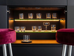 Illuminated Bar Cabinet with Assorted Drinkware and Velvet Stools glassware isolated on a transparent background