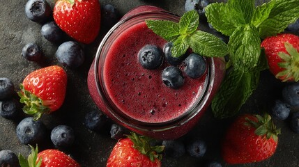 Flat lay of a vibrant berry smoothie in a mason jar surrounded by fresh strawberries blueberries and mint leaves