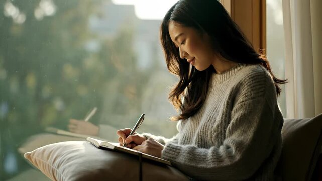 A young woman writes thoughtfully in a notebook by a bright window, enjoying a peaceful moment.