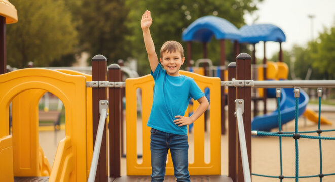A young boy stands on a playground structure, smiling and raising his hand in a greeting or wave. - Powered by Adobe