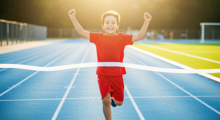 Fototapeta premium A young boy celebrates victory, crossing the finish line with arms raised high on a track.