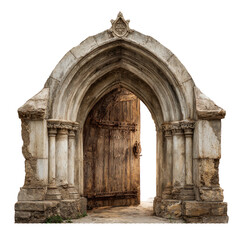 Fototapeta premium Open wooden door in an ancient stone archway leading to a serene path, isolated on transparent cutout background