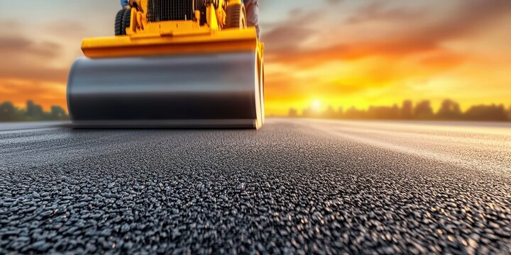 A close-up of a road roller working on a freshly laid asphalt surface during a vibrant sunset, highlighting the construction process.