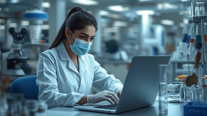 Dedicated female scientist in a face mask meticulously records experimental results on a laptop in a high-tech research facility