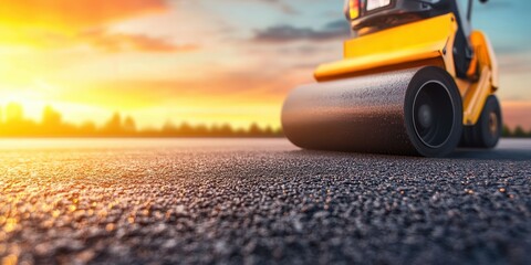 A close-up view of a yellow road roller on asphalt during sunset, highlighting the textures and colors of the scene.